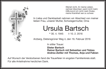 Traueranzeige von Ursula Bartsch von Frankenpost