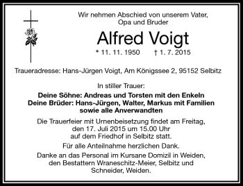 Traueranzeige von Alfred Voigt von Frankenpost