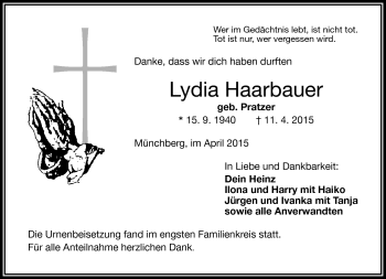 Traueranzeige von Lydia Haarbauer von Frankenpost