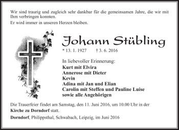 Traueranzeige von Johann Stübling von Südthüringer Presse