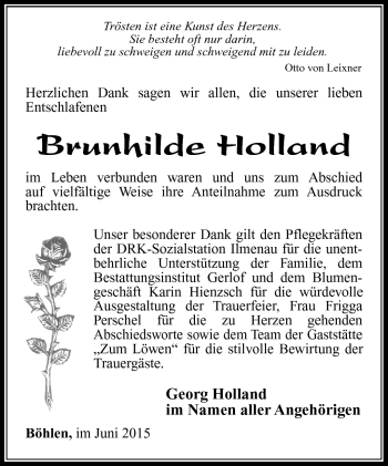 Traueranzeige von Brunhilde Holland von Südthüringer Presse