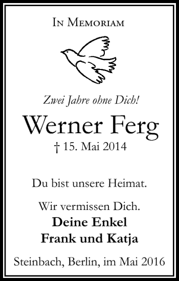 Traueranzeige von Werner Ferg von Südthüringer Presse