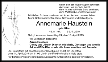 Traueranzeige von Annemarie Haustein von Frankenpost