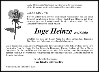 Traueranzeige von Inge Heinze von Südthüringer Presse