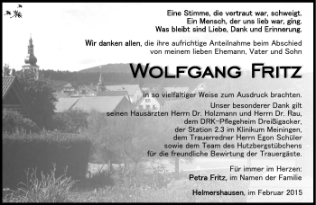 Traueranzeige von Wolfgang Fritz von Südthüringer Presse