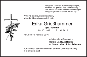 Traueranzeige von Erika Grießhammer von Frankenpost