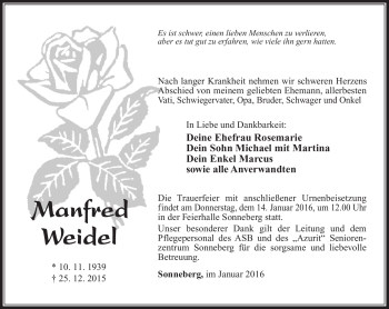 Traueranzeige von Manfred Weidel von Südthüringer Presse