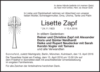Traueranzeige von Lisette Zapf von Neue Presse Coburg