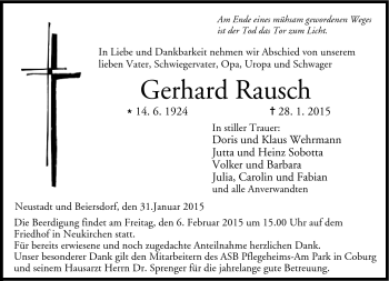 Traueranzeige von Gerhard Rausch von Neue Presse Coburg