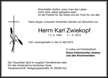 Traueranzeige von Karl Zwiekopf von Frankenpost
