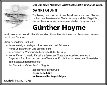 Traueranzeige von Günther Hoyme von Südthüringer Presse