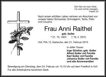 Traueranzeige von Anni Raithel von Frankenpost