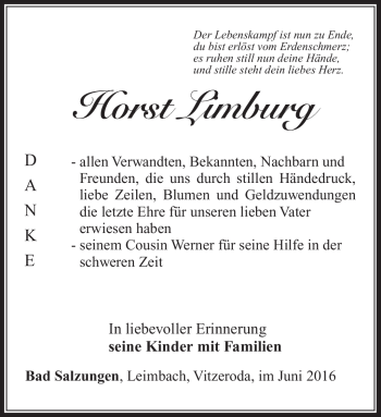 Traueranzeige von Horst Limburg von Südthüringer Presse