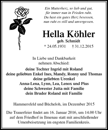 Traueranzeige von Hella Köhler von Südthüringer Presse