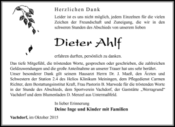 Traueranzeige von Dieter Ahlf von Südthüringer Presse