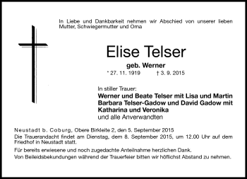 Traueranzeige von Elise Telser von Neue Presse Coburg