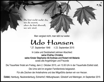 Traueranzeige von Udo Hansen von Südthüringer Presse