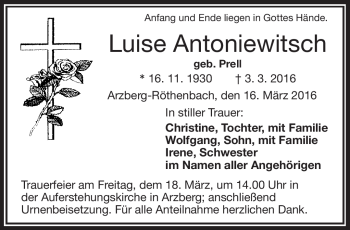 Traueranzeige von Luise Antoniewitsch von Frankenpost