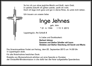 Traueranzeige von Inge Jehnes von Frankenpost