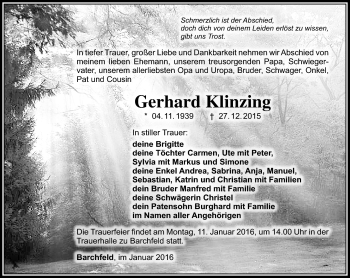 Traueranzeige von Gerhard Klinzing von Südthüringer Presse
