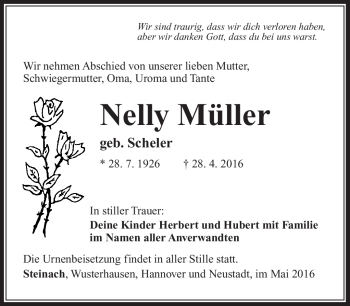 Traueranzeige von Nelly Müller von Südthüringer Presse