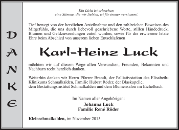 Traueranzeige von Karl-Heinz Luck von Südthüringer Presse