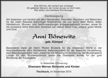 Traueranzeige von Anni Bönewitz von Südthüringer Presse