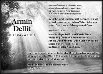 Traueranzeige von Armin Dellit von Südthüringer Presse