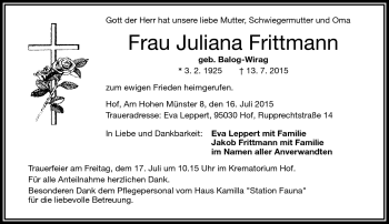 Traueranzeige von Juliana Frittmann von Frankenpost