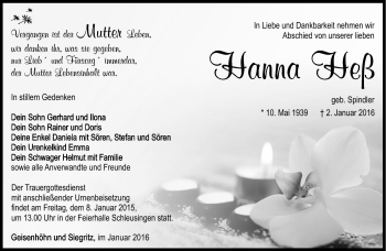 Traueranzeige von Hanna Heß von Südthüringer Presse