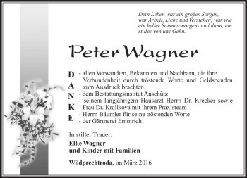 Traueranzeige von Peter Wagner von Südthüringer Presse