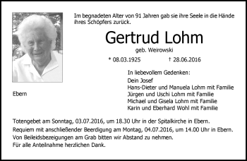 Traueranzeige von Gertrud Lohm von Neue Presse Coburg