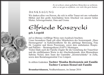 Traueranzeige von Elfriede Koszycki von Südthüringer Presse