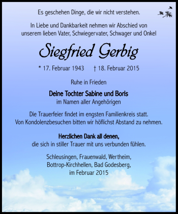 Traueranzeige von Siegfried Gerbig von Südthüringer Presse