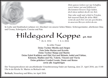 Traueranzeige von Hildegard Koppe von Südthüringer Presse