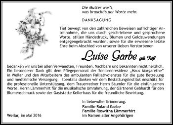 Traueranzeige von Luise Garbe von Südthüringer Presse