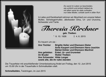 Traueranzeige von Theresia Kirchner von Südthüringer Presse