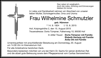 Traueranzeige von Wilhelmine Schmutzler von Frankenpost