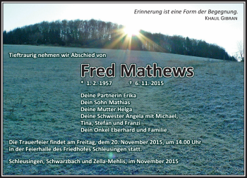 Traueranzeige von Fred Mathews von Südthüringer Presse