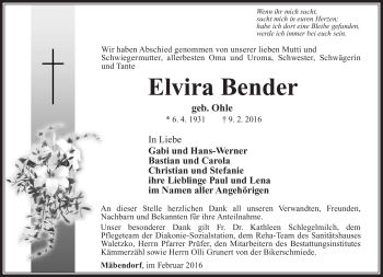 Traueranzeige von Elvira Bender von Südthüringer Presse