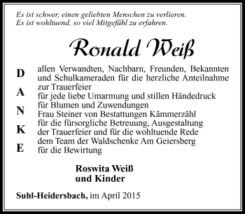 Traueranzeige von Ronald Weiß von Südthüringer Presse