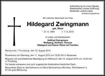 Traueranzeige von Hildegard Zwingmann von Neue Presse Coburg