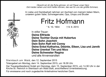 Traueranzeige von Fritz Hofmann von Neue Presse Coburg