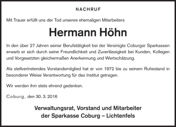 Traueranzeige von Hermann Höhn von Neue Presse Coburg