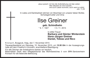 Traueranzeige von Ilse Greiner von Neue Presse Coburg