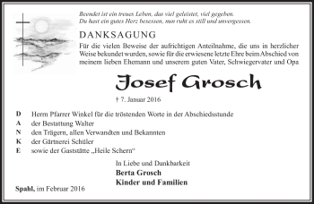 Traueranzeige von Josef Grosch von Südthüringer Presse