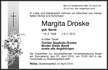 Traueranzeige von Margitta Droske von Südthüringer Presse