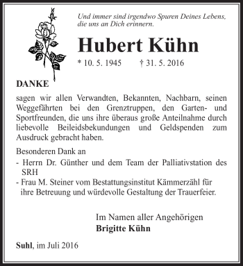 Traueranzeige von Hubert Kühn von Südthüringer Presse