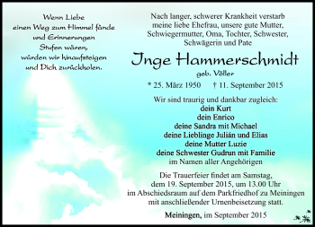 Traueranzeige von Inge Hammerschmidt von Südthüringer Presse