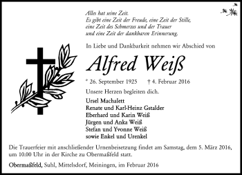 Traueranzeige von Alfred Weiß von Südthüringer Presse